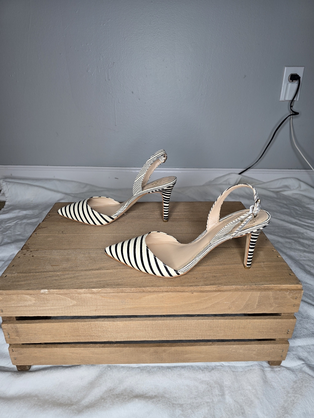 Striped Pointed Slingback Pumps in Black and White - Picture 9 of 10